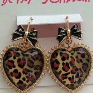 Leopard print Bow HEART Holographic 3D Leverback Dangle Earrings